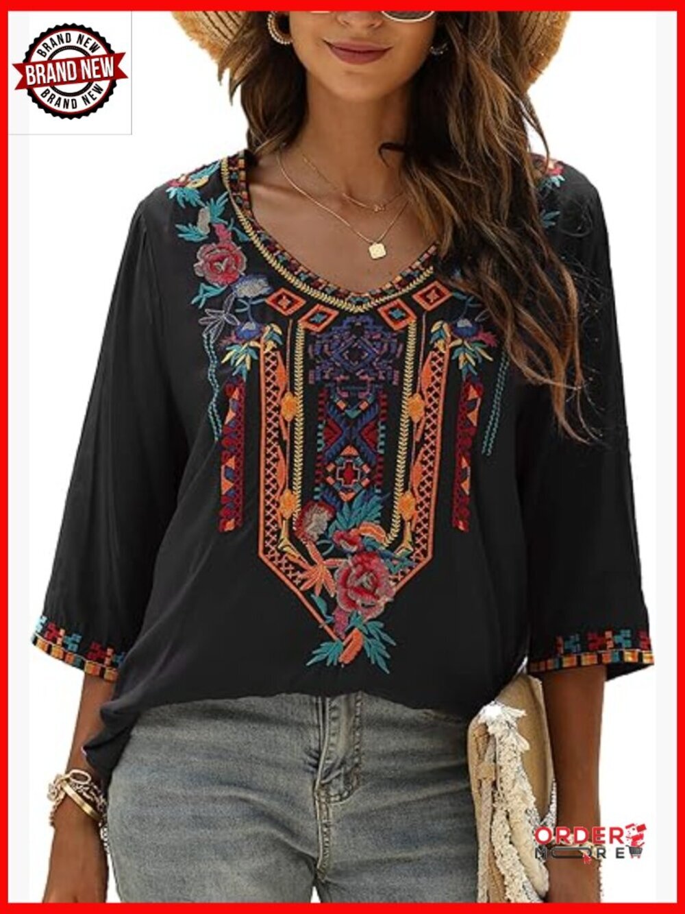 Bohemian Embroidered Tunic Blouse, Hippie Peasant Top, 3/4 Sleeve V-Neck